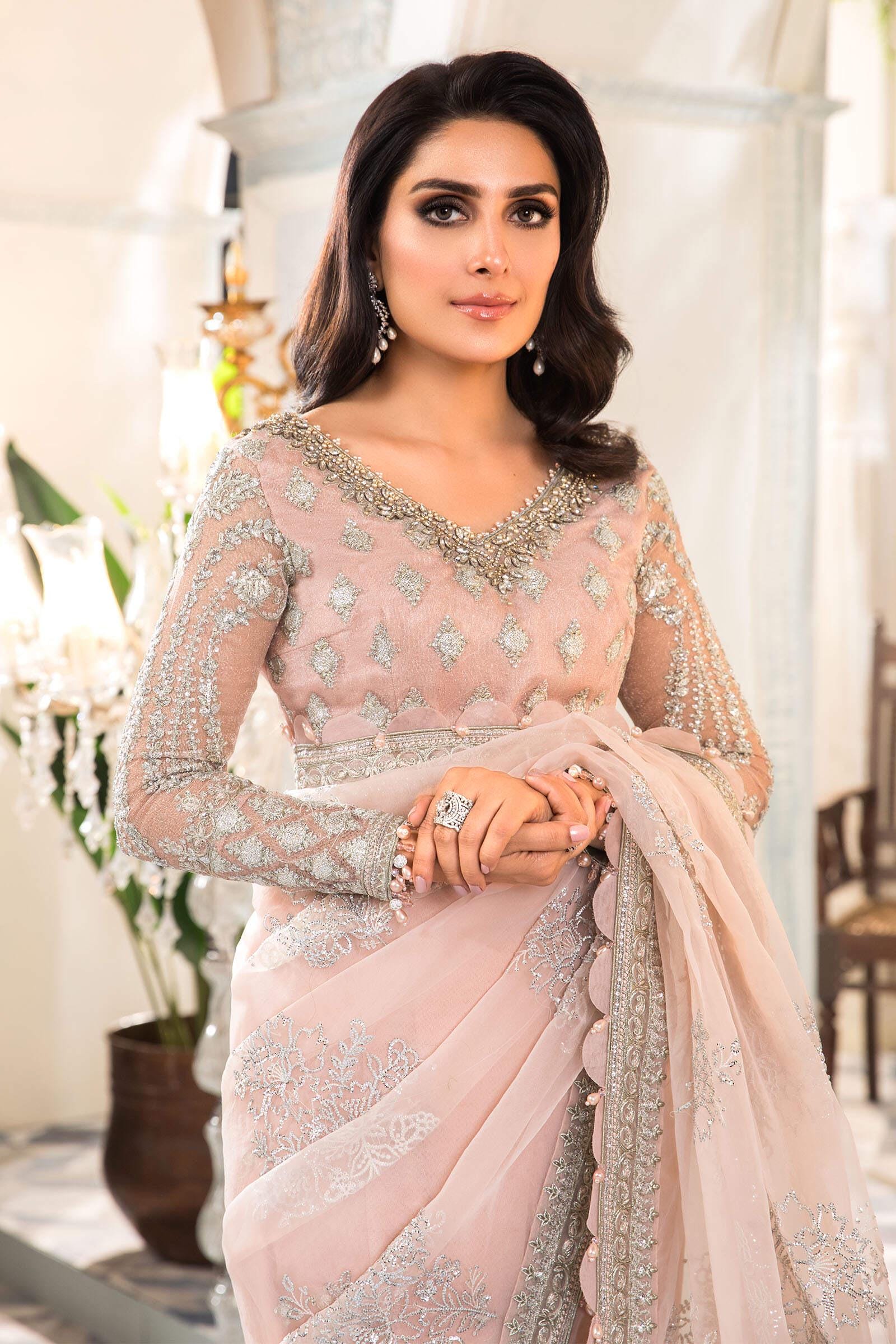 Luxurious Pink Embroidered Net Saree | Pakistani Bridal Reception