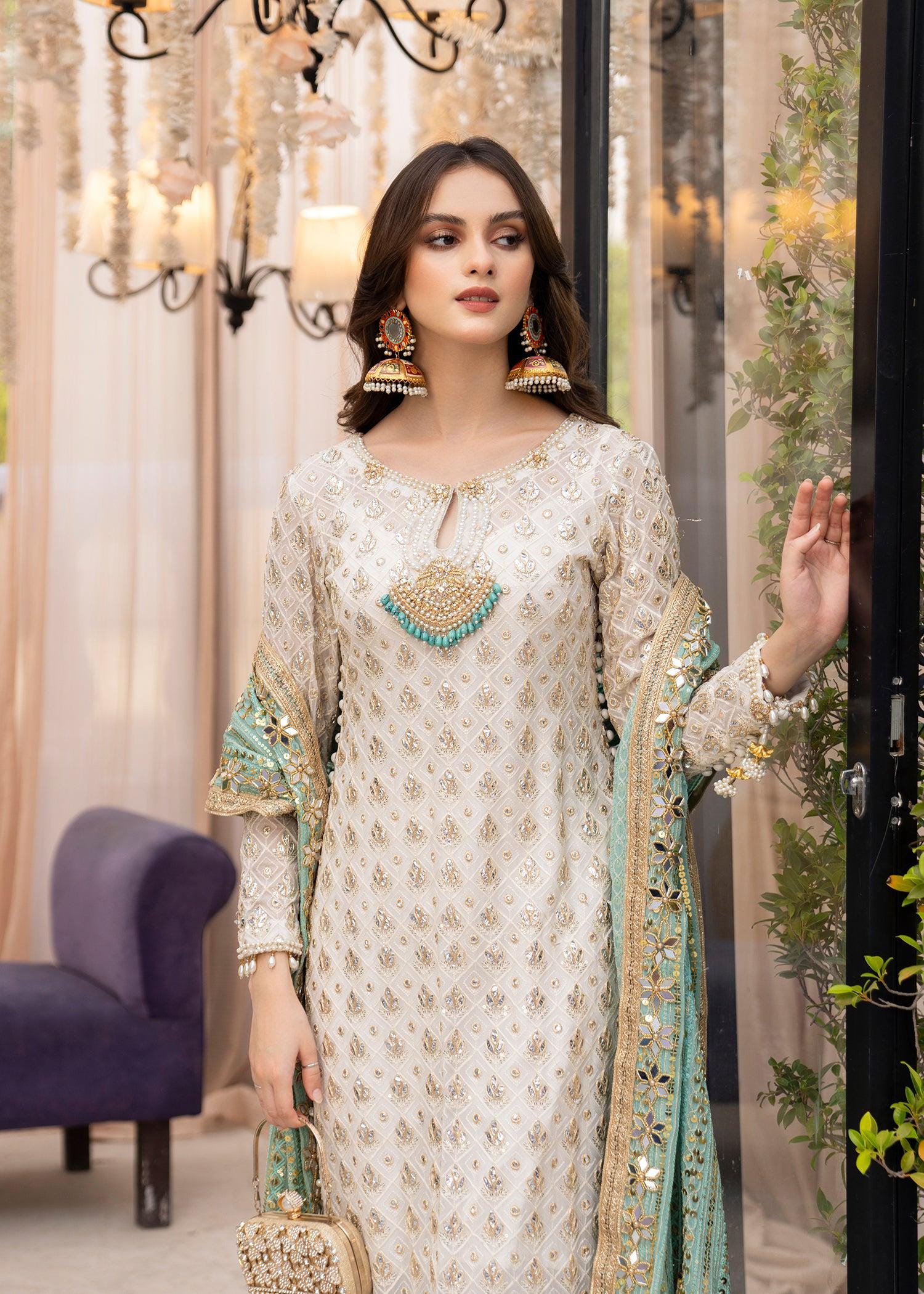 White Chiffon Chickenkari Shalwar Kameez, Zardozi Neckline, Pakistani Dress