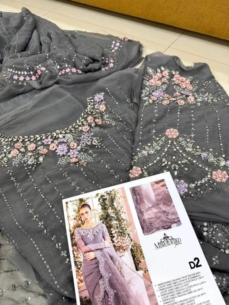 Grey Embroidered Chiffon Saree with Matching Blouse