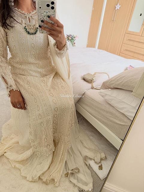 White Chicken Kari Shalwar Kameez, Sequins, Pakistani Designer Dress