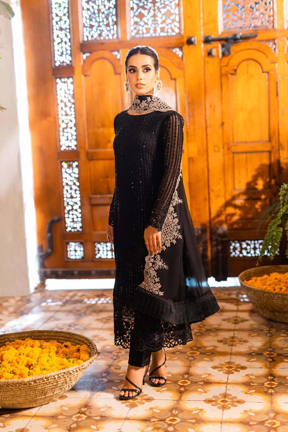 Black Chiffon Pakistani Suit: Embroidered Net Frock, Silk Trousers