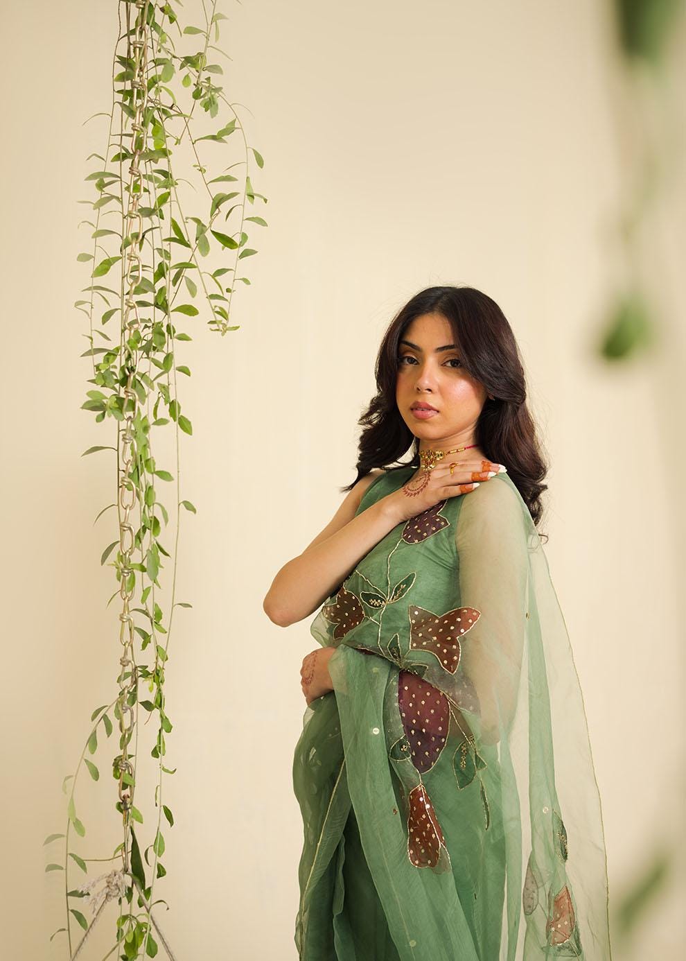 Hand-Painted Organza Saree, Green Floral Sequin Sari, Blouse Included