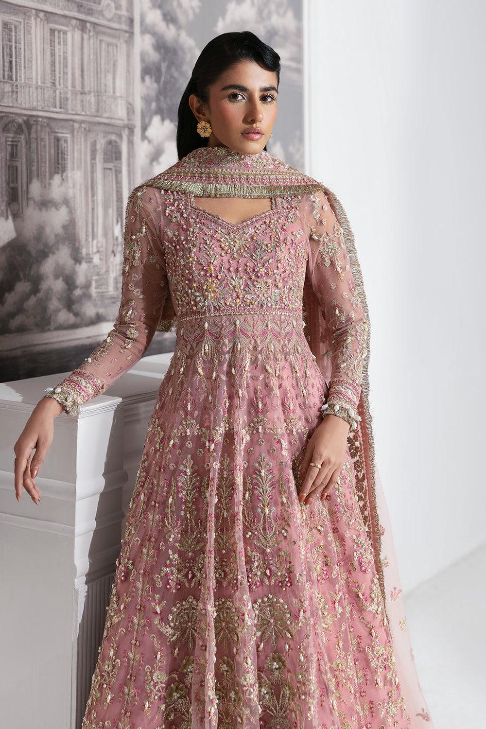 Tea Pink Embroidered Kamdani Maxi Dress: Pakistani Bridal Lengha