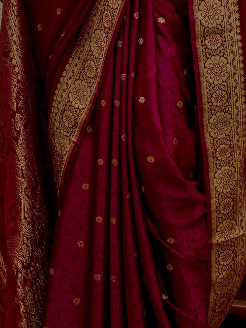 Beetroot banarsi saree Silk Saree, jaal and buti Pattern, Floral Border