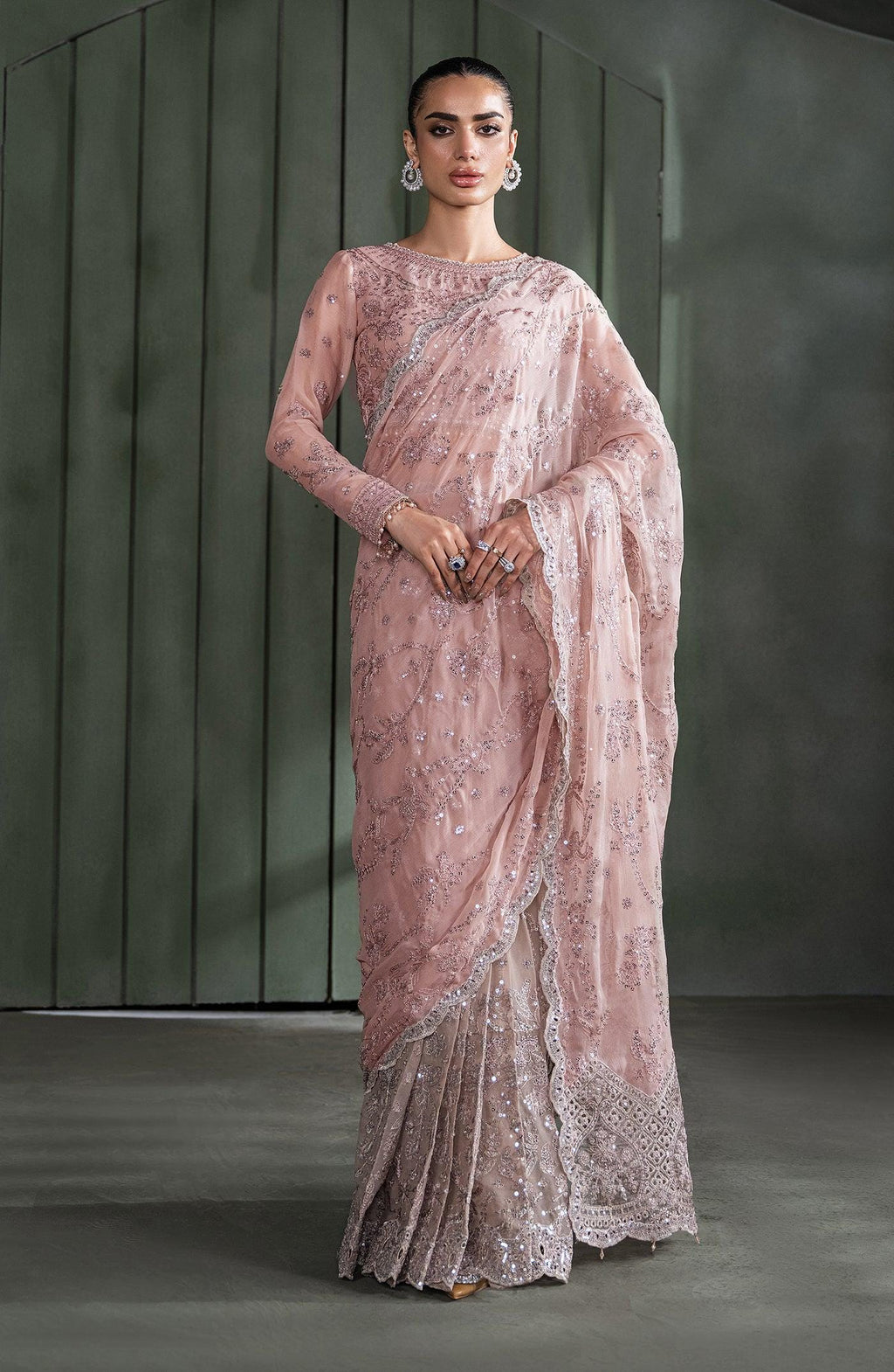 Pink Sequins Embroidered Chiffon Saree, Indian Wedding Wear