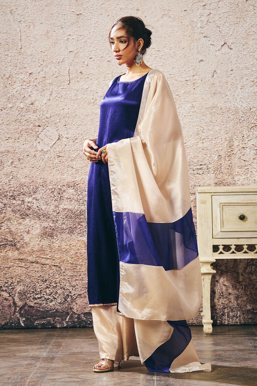 Blue Tissue, Linen Sequins Boat Neck Border Embroidered Kurta Set