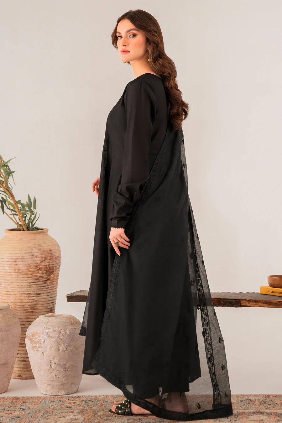 Black Chambray Kattan Frock: Embroidered Punjabi Suit with Dupatta