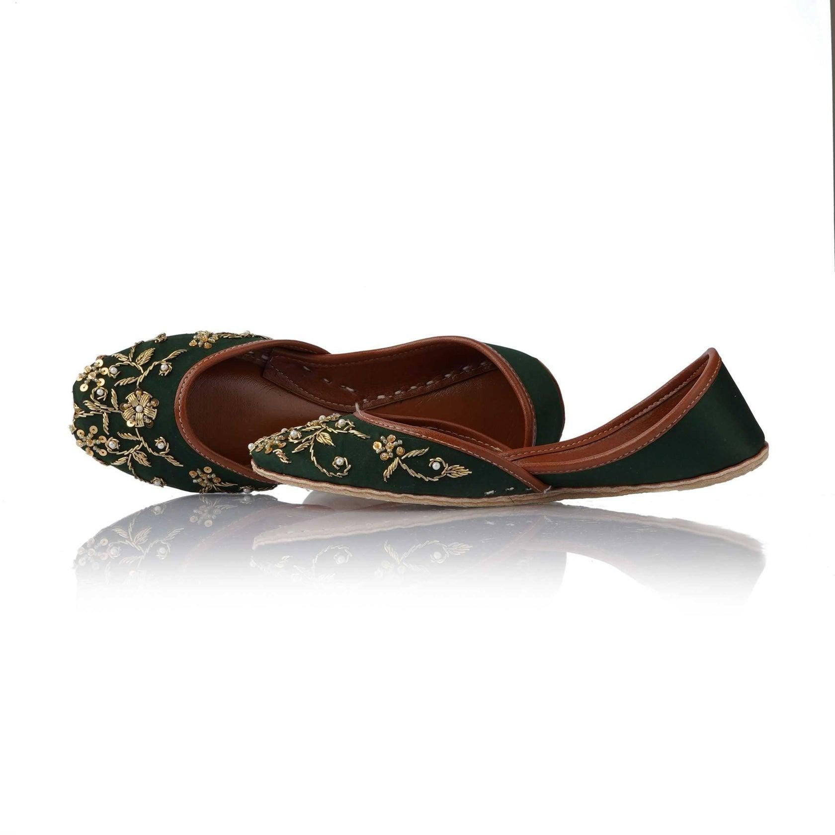 Emerald Green Beaded Jutti: Handmade Punjabi Wedding Flats