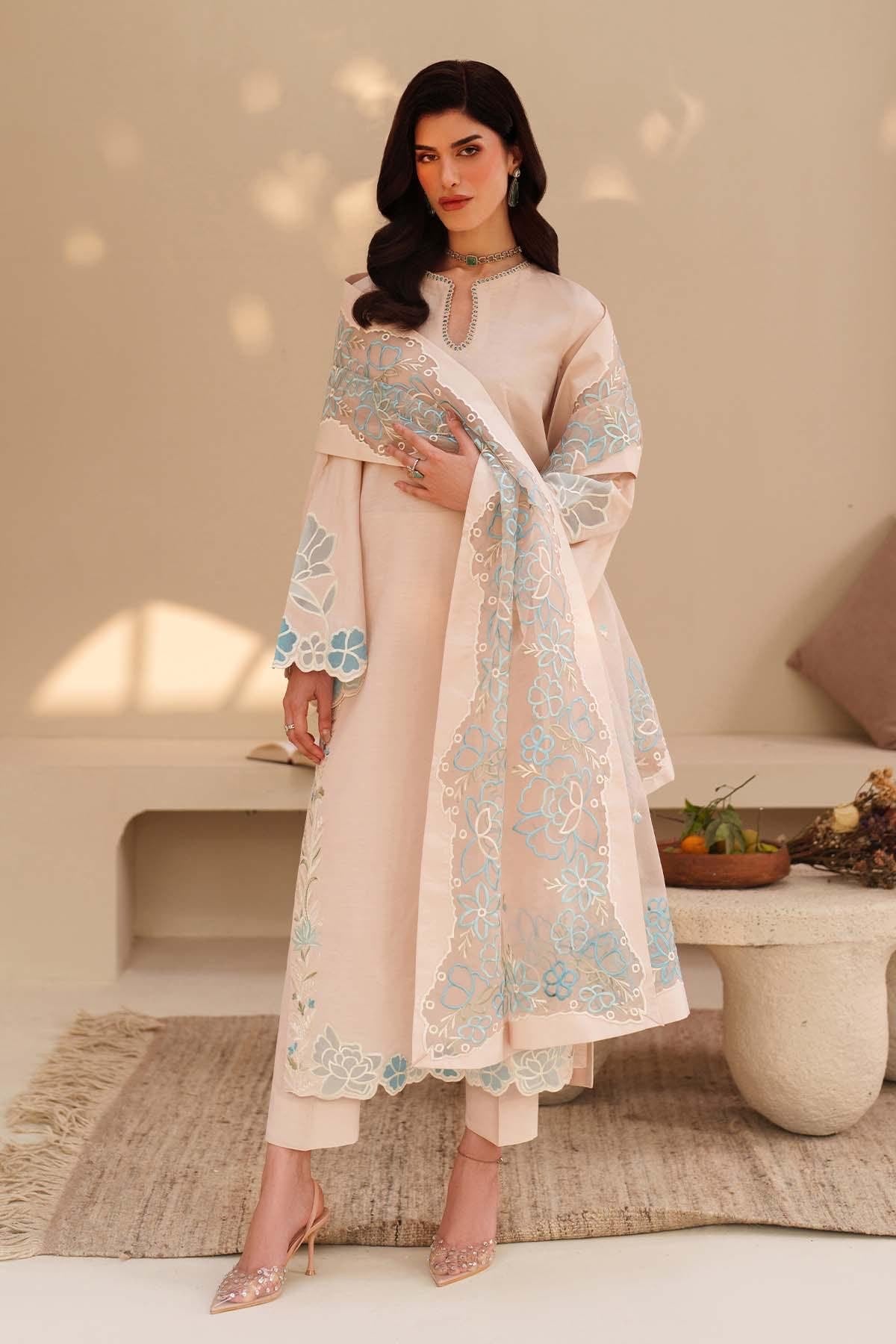 Embroidered Silk Appliqué Shalwar Suit, Floral Organza Dupatta, Pakistani Dress