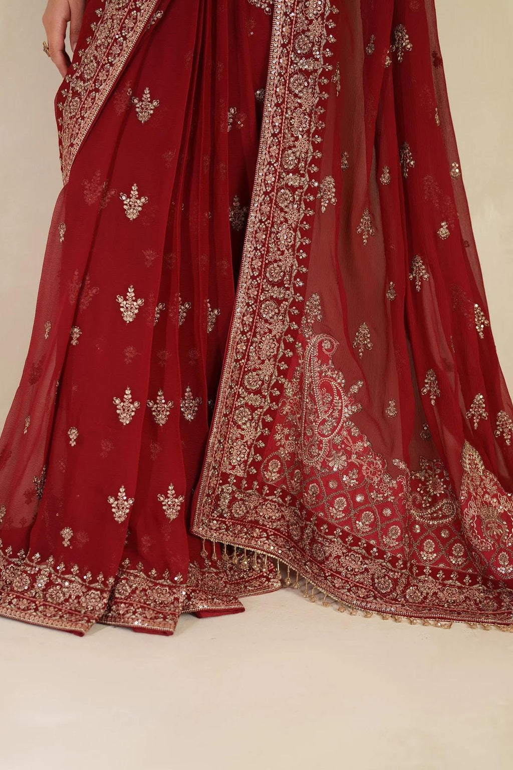 Red Chiffon Saree, Sequins Embroidered Indian Party Wear