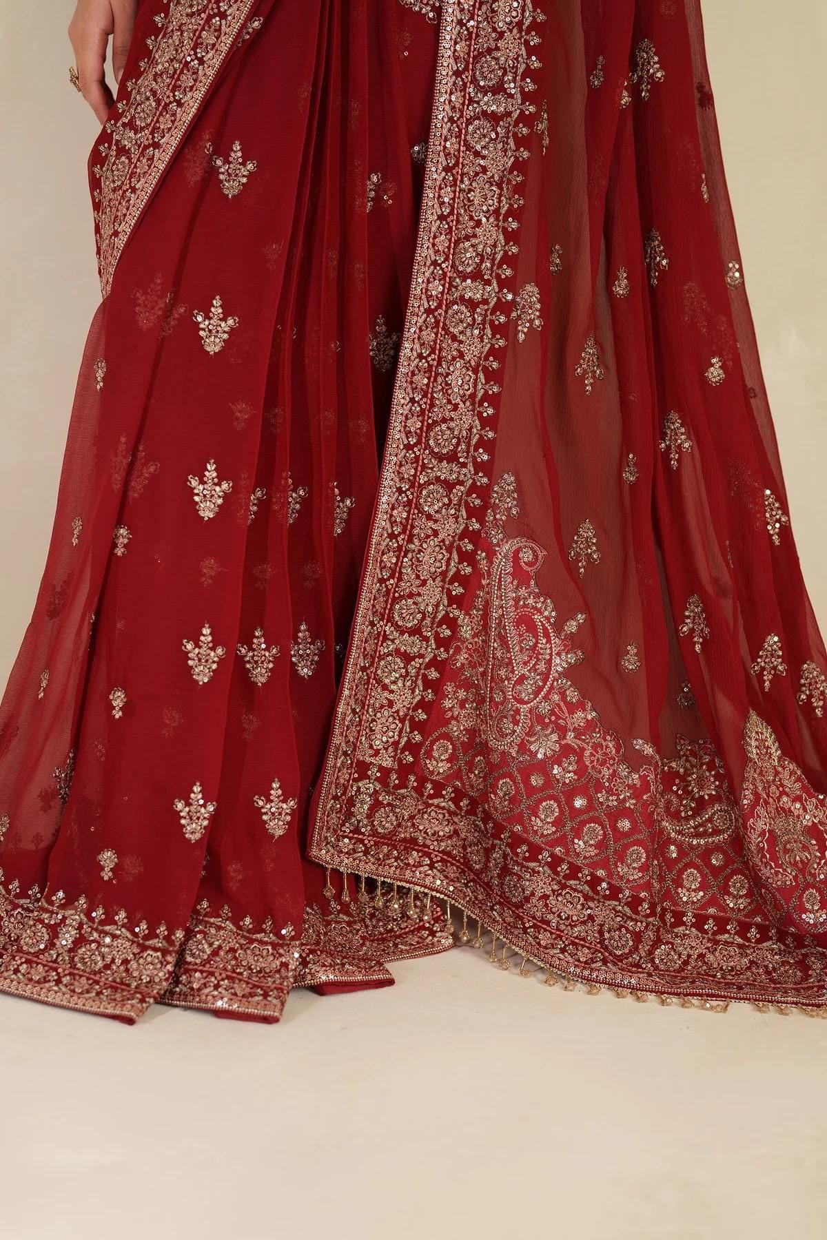 Red Chiffon Saree, Sequins Embroidered Indian Party Wear