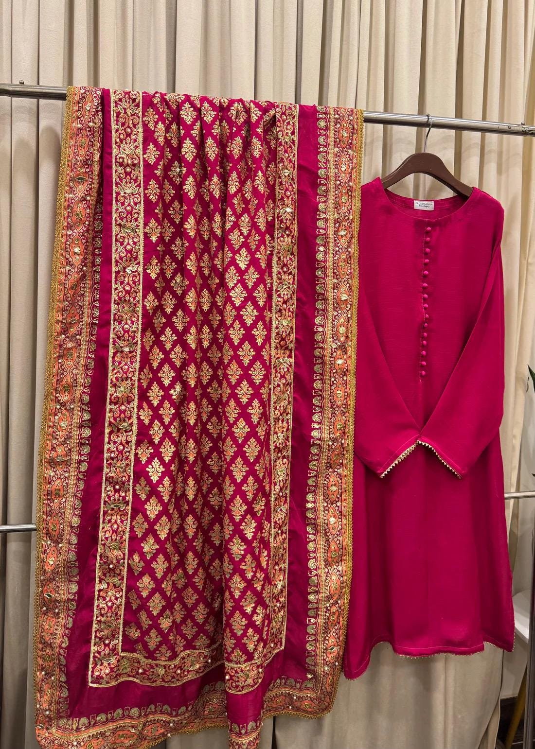 Shocking Pink Raw Silk Shalwar Kameez, Hand-Embellished Dupatta