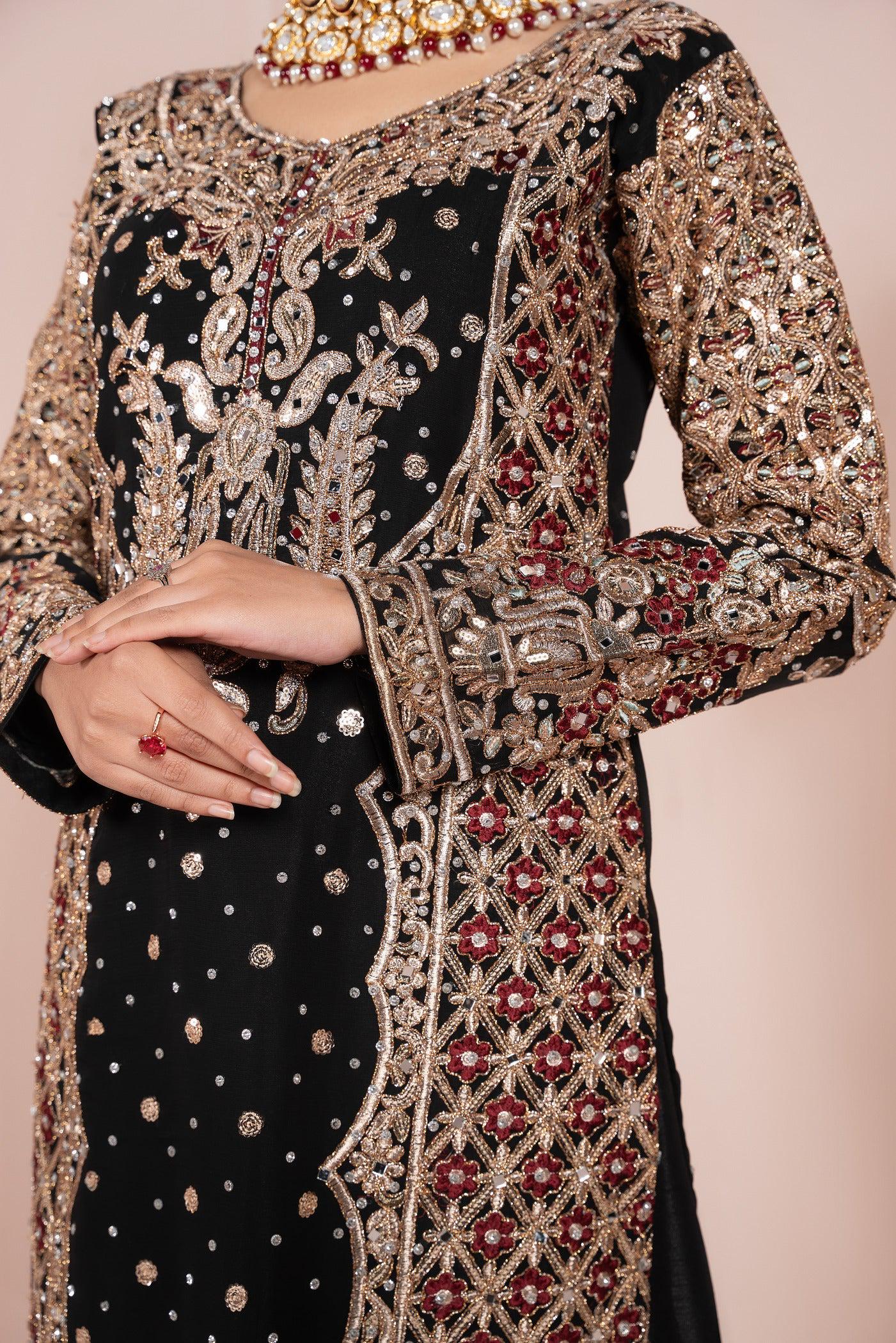 Chiffon Kamdani Indian Dress, Pakistani Long Shirt, Raw Silk Trouser, Organza Dupatta