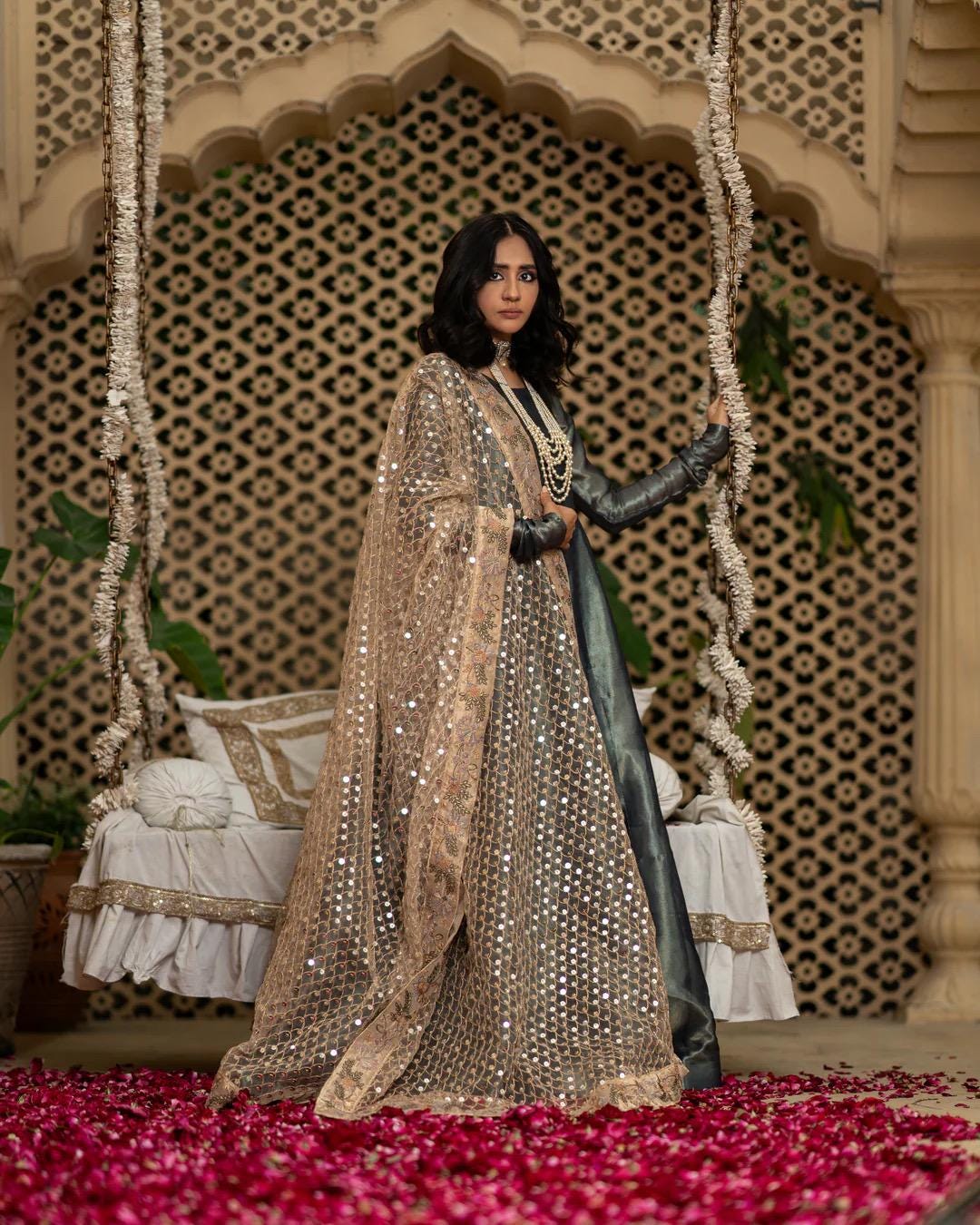 Nude Sequin Tissue Dupatta, Kamdani Shawl, Indian Bridewear