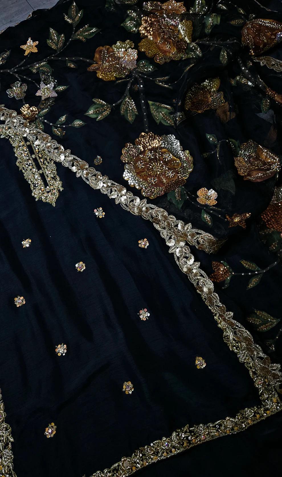 Hand-Painted Black Zardozi Dress: Korean Silk 3pc Festive Outfit