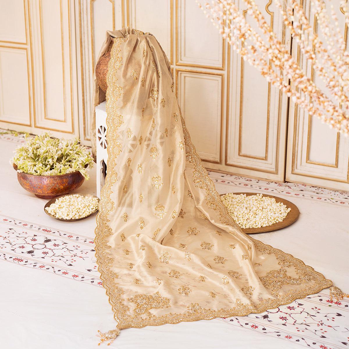 Gold Tissue Bridal Dupatta: Pakistani Nikkah Shawl with Sequin Embroidery