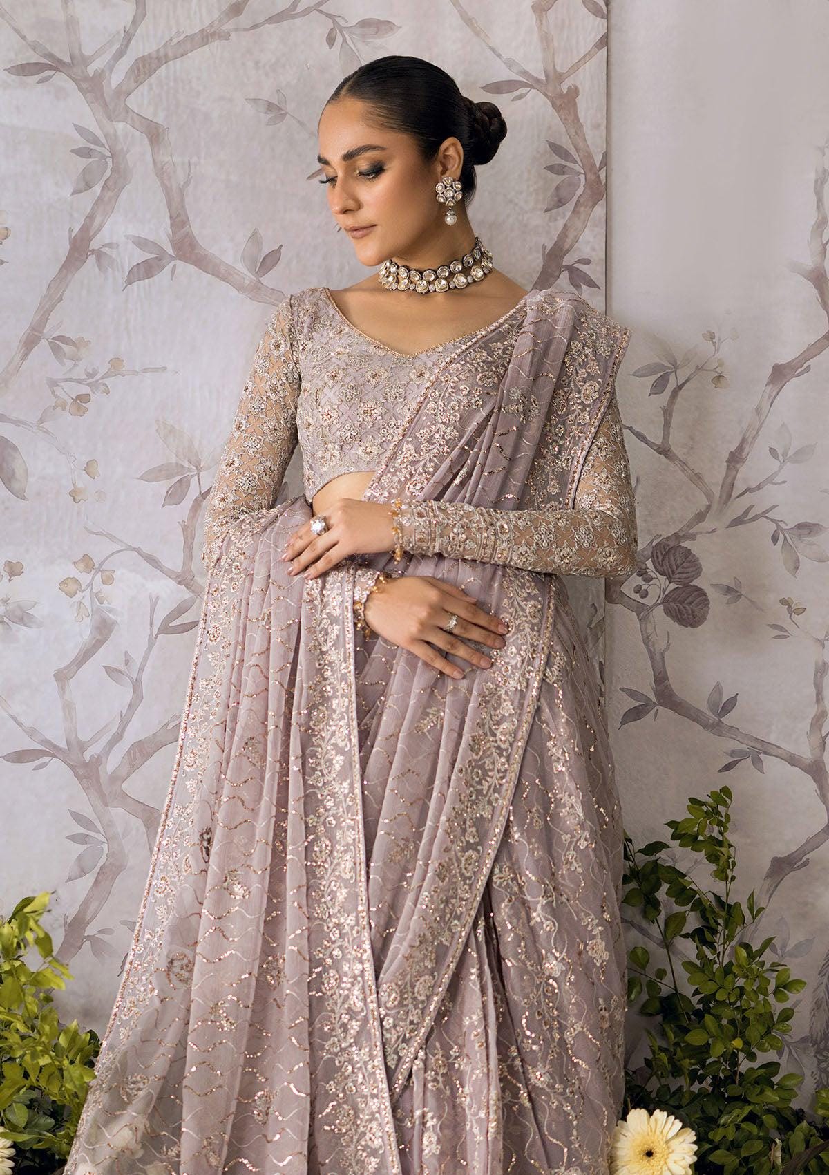 Lilac Chiffon Saree: Silver Tilla Thread, Sequins Embroidery