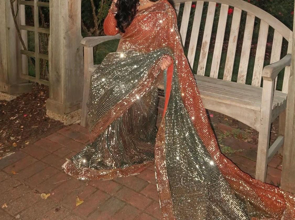 Black and orange Sequin Saree with Embroidered Blouse: Indian Party Wear