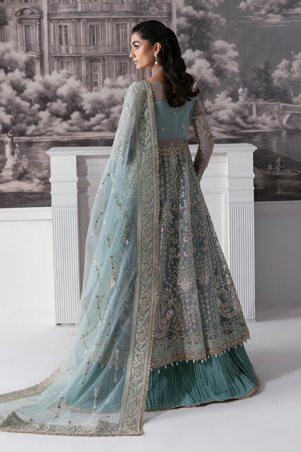 Sky Blue Velour Pakistani Wedding Dress: Embroidered Net Maxi Suit