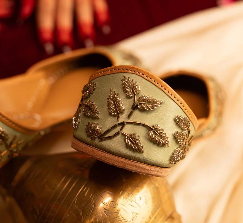 Elegant Pistachio Green Silk Jutti with Exquisite Glass Bead Embroidery | Free Shipping Included