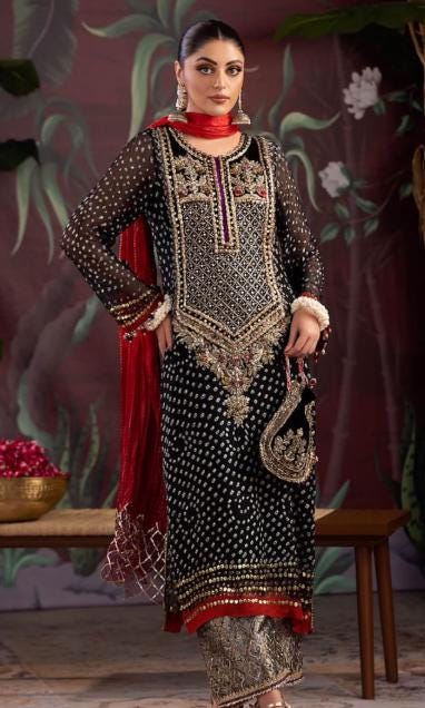 Hand Embroidered Pakistani 3pc Suit | Black Chunnari Chiffon, Festive Wedding Wear