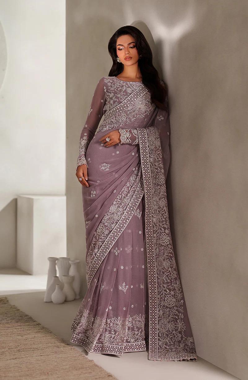 lavender hand embroidery embellished Saree for wedding, Chiffon Indian Party Wear, Matching Blouse