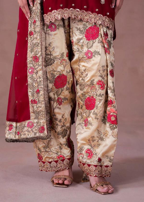 Embroidered Silk Shalwar Suit, Red Farshi Dress, Organza Dupatta