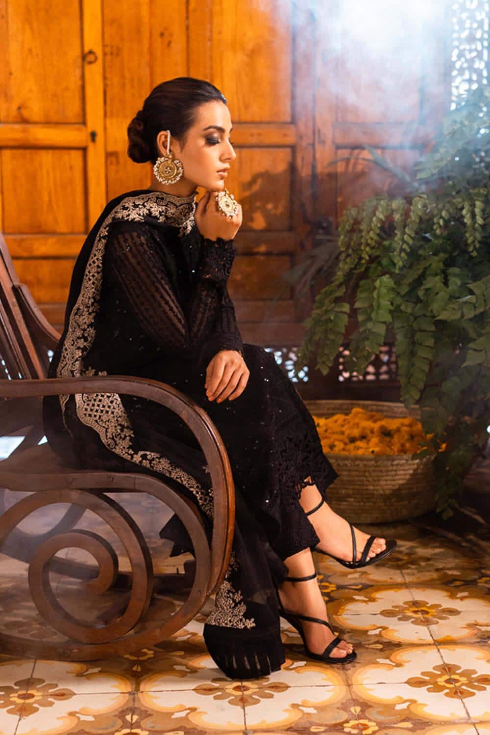 Black Chiffon Pakistani Suit: Embroidered Net Frock, Silk Trousers