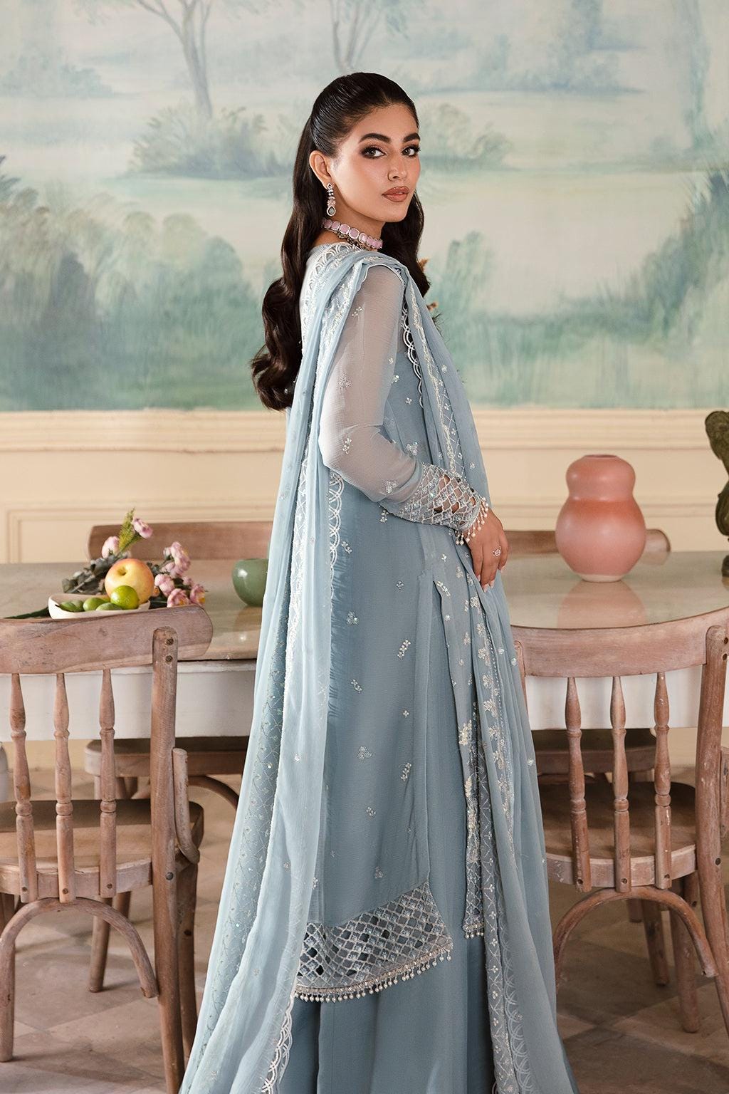 Embroidered Sky Blue Chiffon Pakistani Dress, Lace Sharara, Eid Outfit