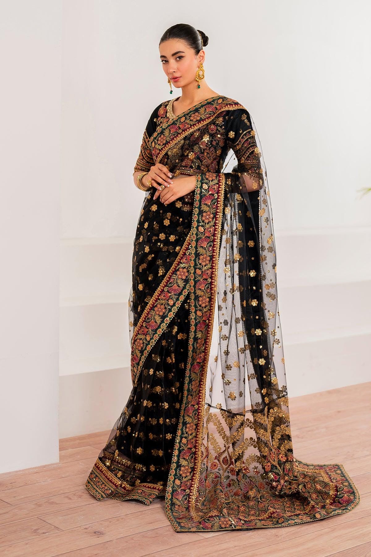 Black Threadwork Embroidered Net Saree, Indian Party Wear