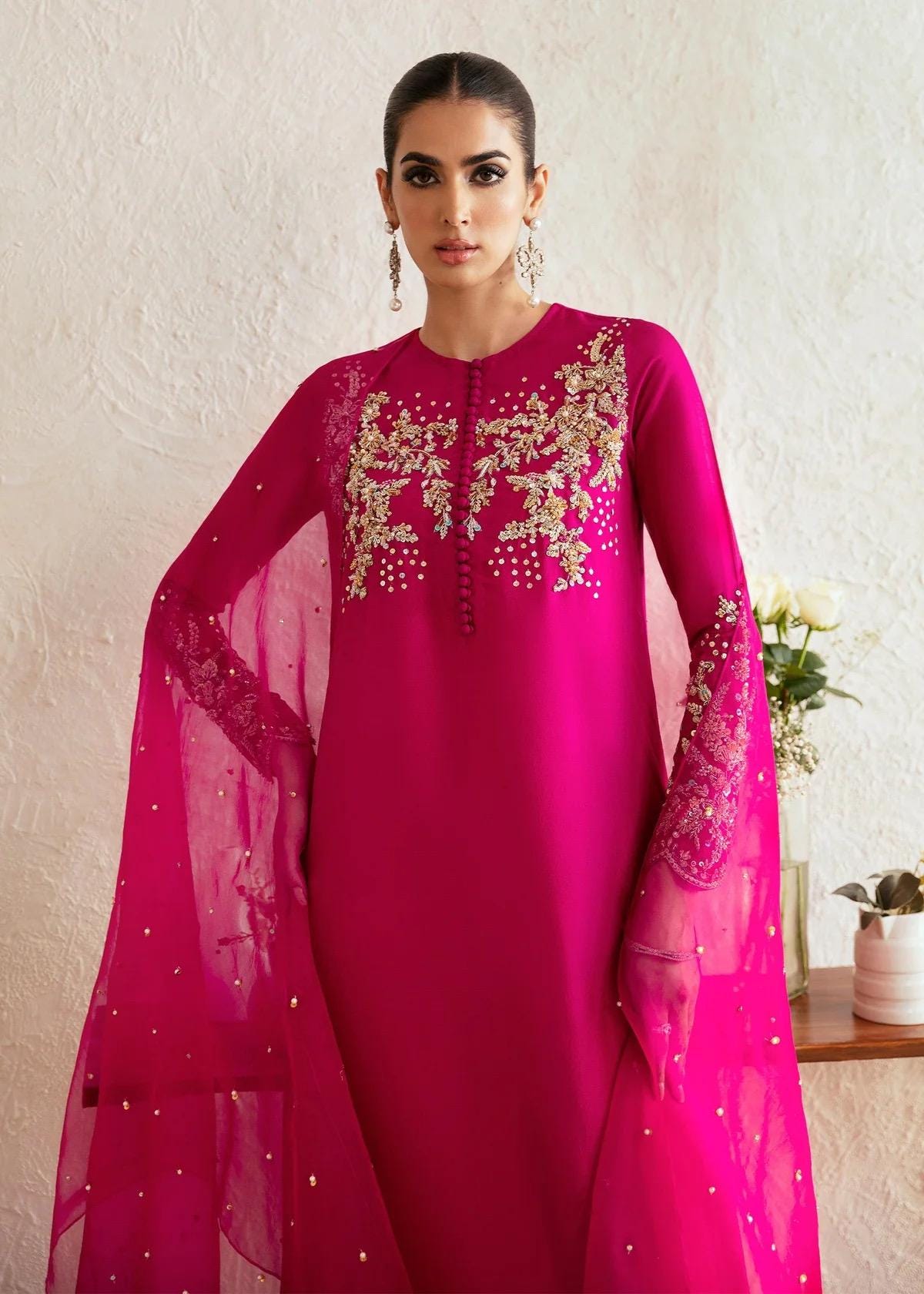 Embroidered Hot Pink Pakistani Suit: Raw Silk Wedding Party Wear