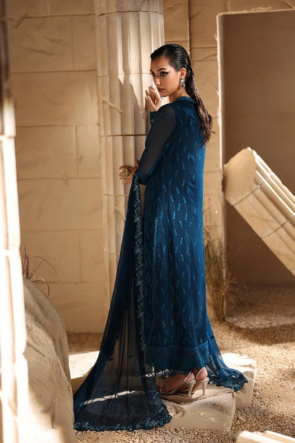 Teal blue  Chiffon Pakistani Bridal Suit: Embroidered Net Dress, long shirt