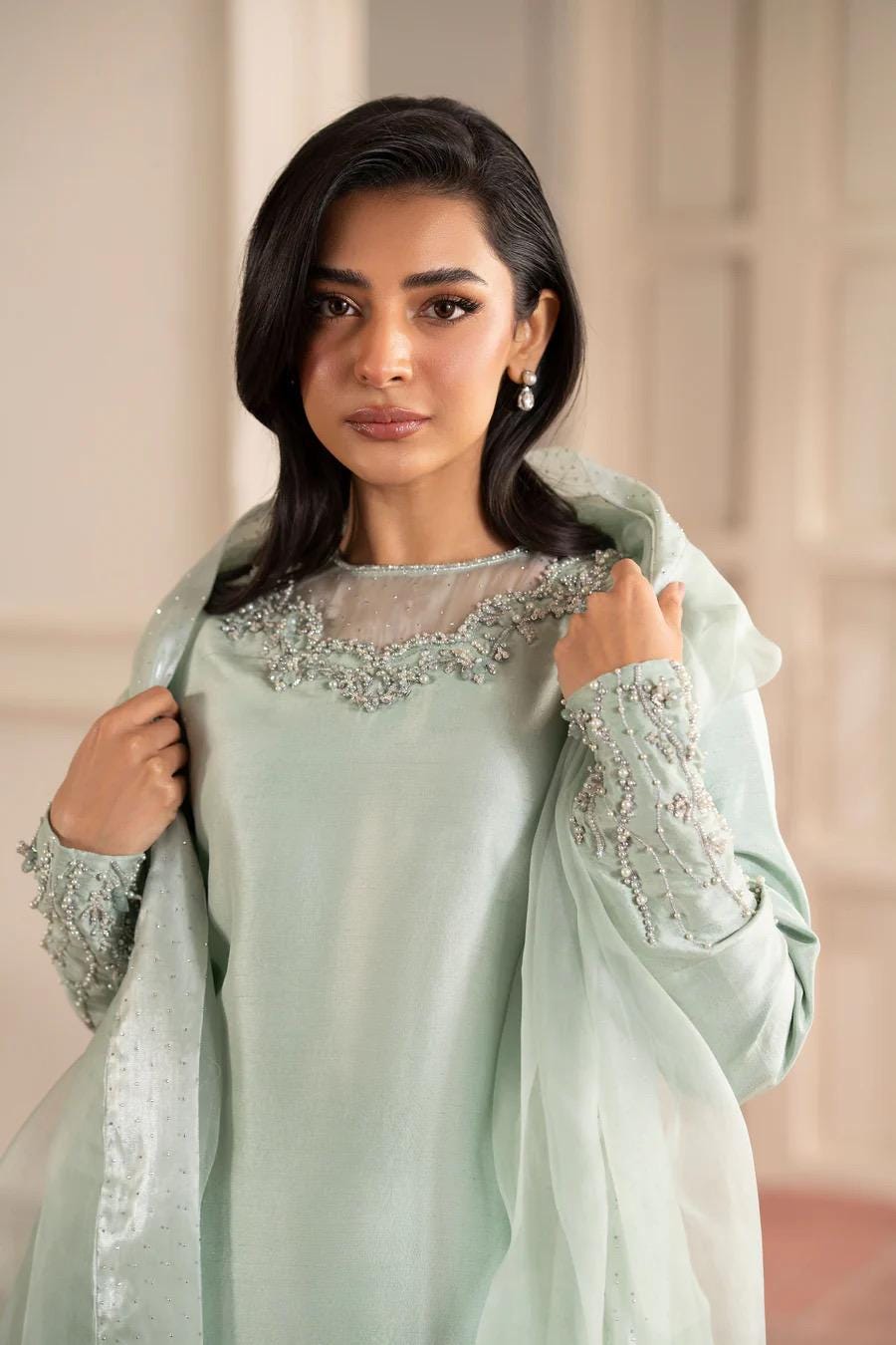 Mint Silk Kameez Shalwar, Pakistani Outfit, 3pc Dress