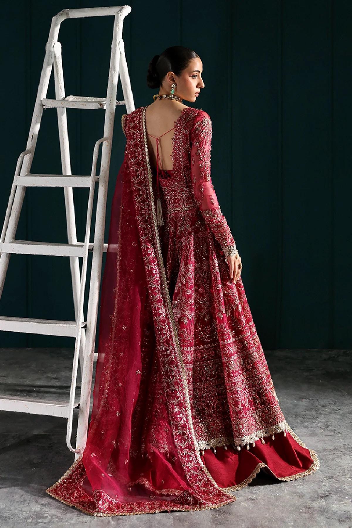Fuchsia Embroidered Kamdani Maxi Dress: Pakistani Bridal Lengha