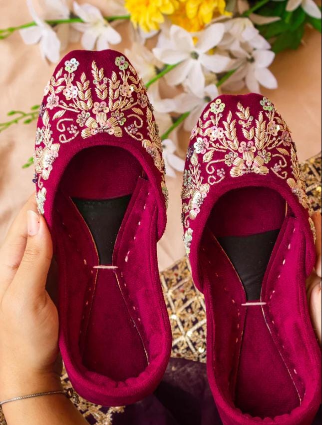 Magenta Velvet Jutti: Gold Embroidered Wedding Khussa Shoes