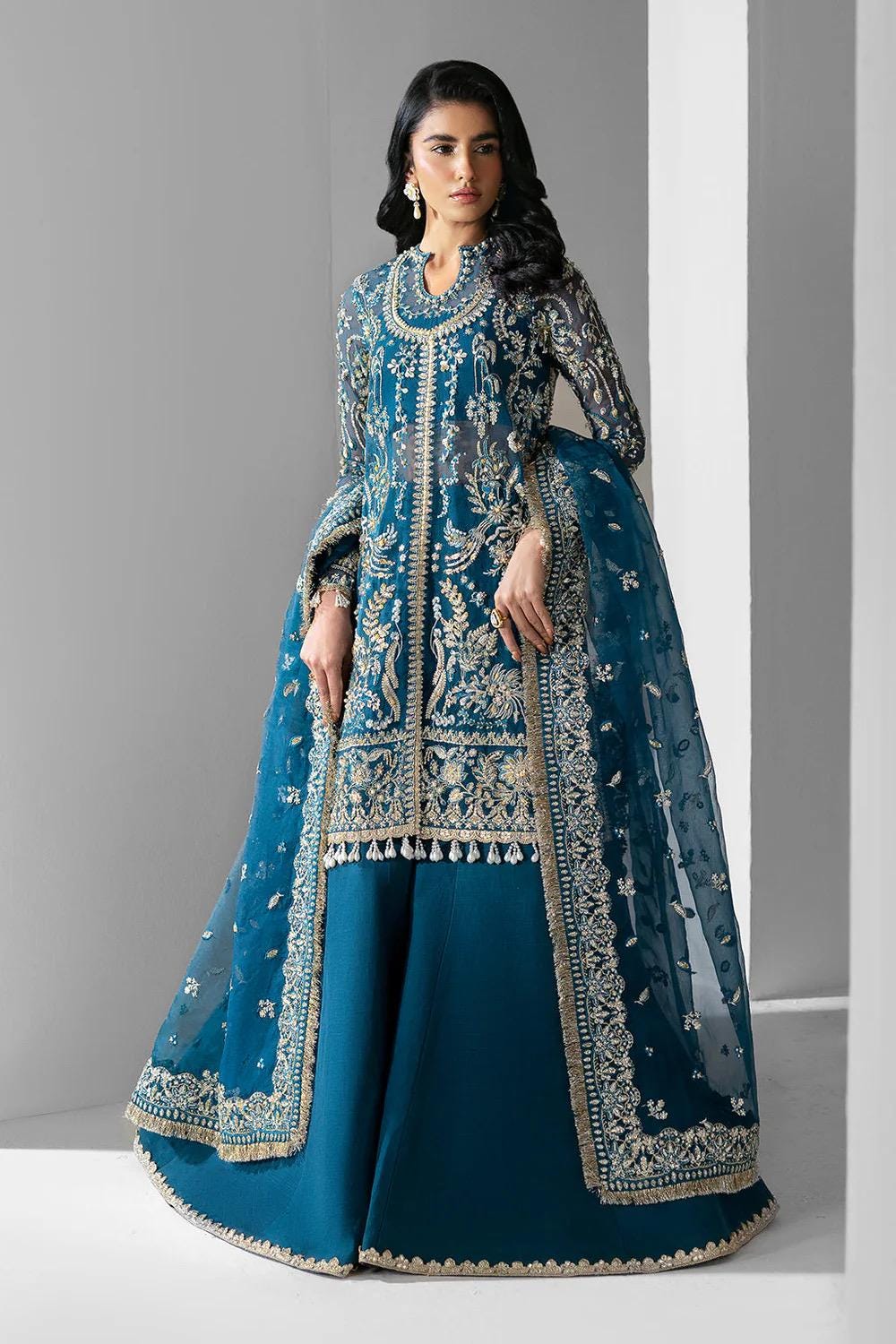 Teal Embroidered Organza Pakistani Suit: Pearl Kamdani Sharara