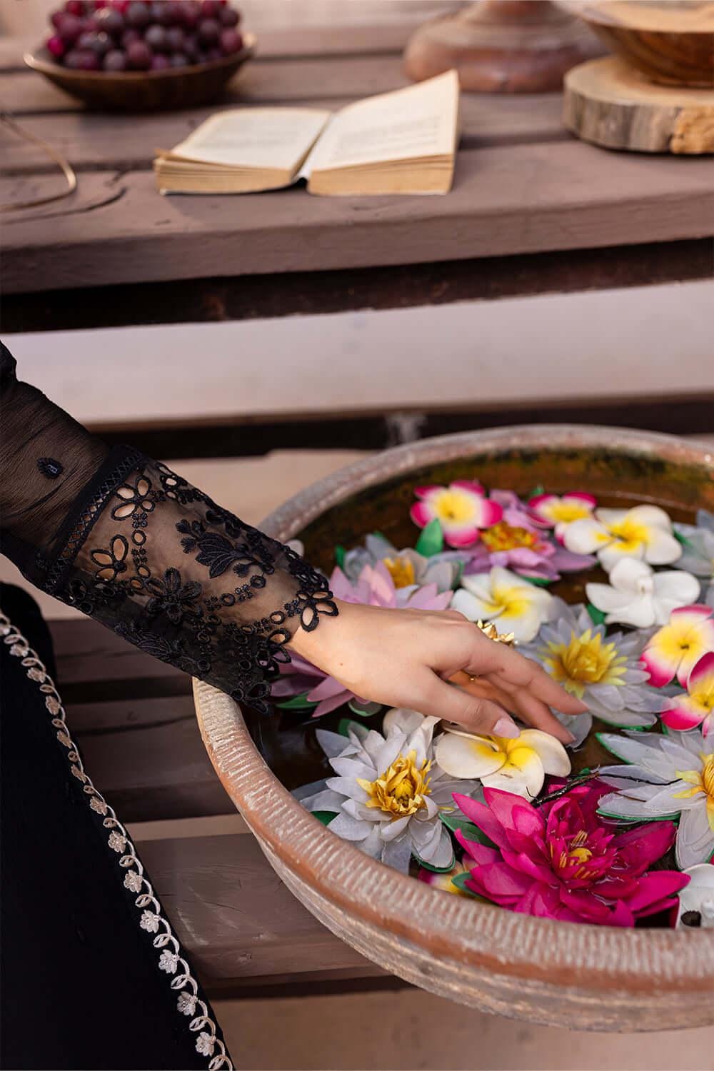 Embroidered Black Chiffon Pakistani Suit: Silk Trousers, Dupatta