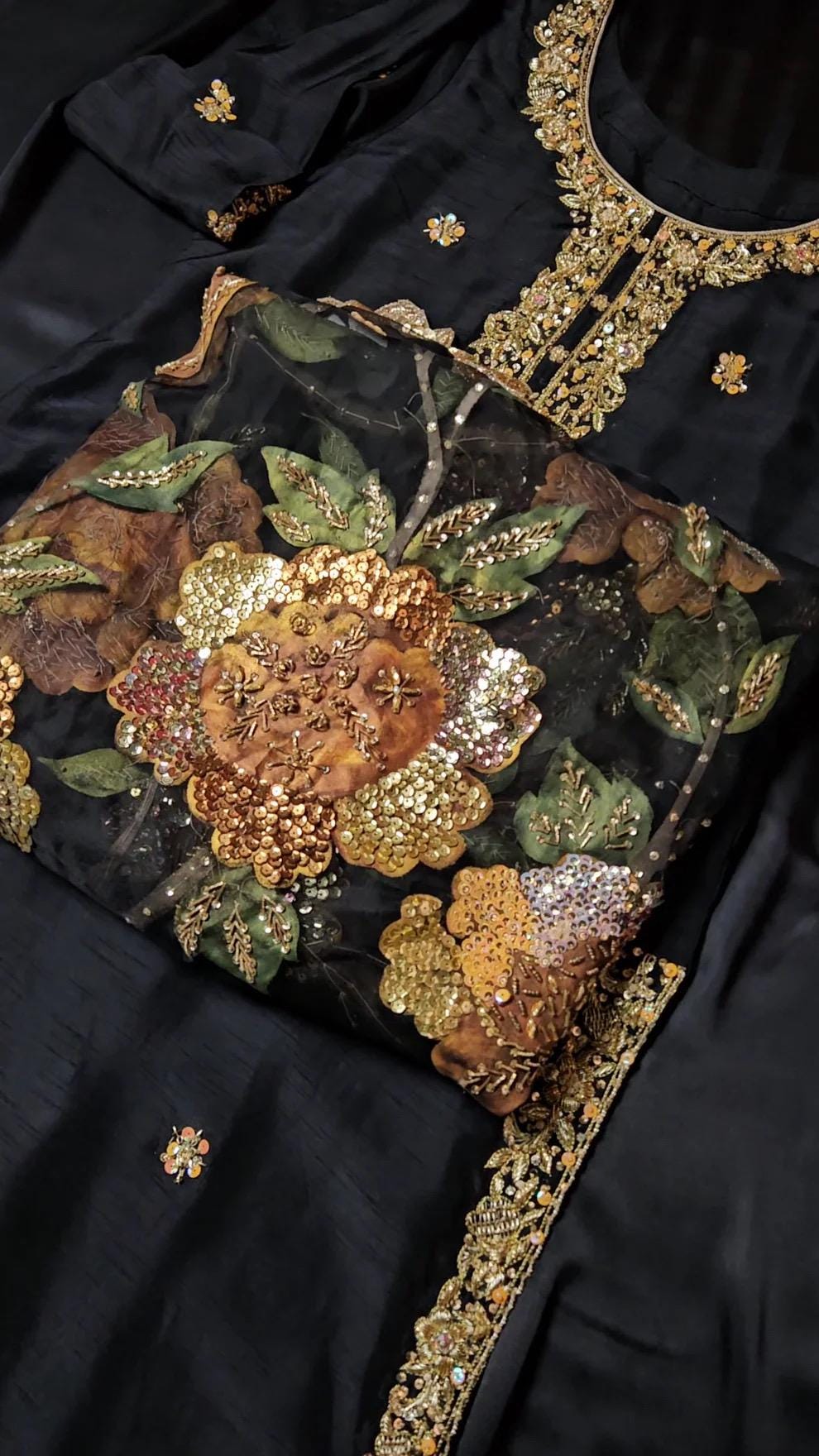 Hand-Painted Black Zardozi Dress: Korean Silk 3pc Festive Outfit