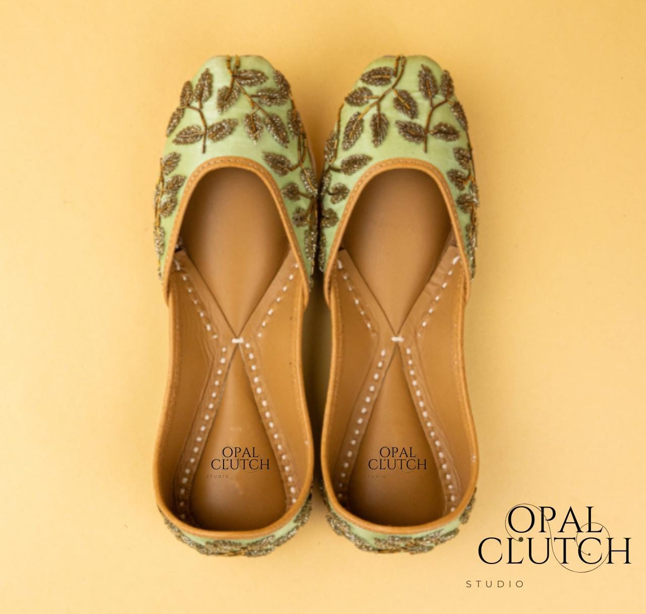 Elegant Pistachio Green Silk Jutti with Exquisite Glass Bead Embroidery | Free Shipping Included