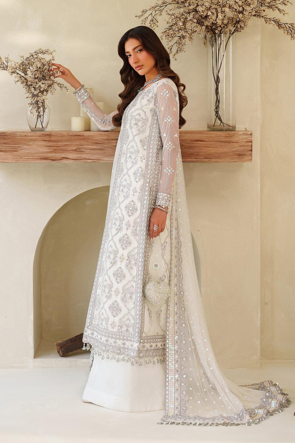 White Sequins Embroidered Pakistani Dress with Sharara