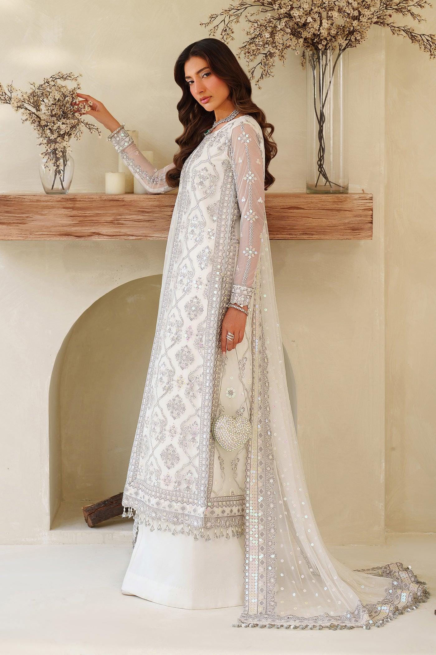 White Sequins Embroidered Pakistani Dress with Sharara
