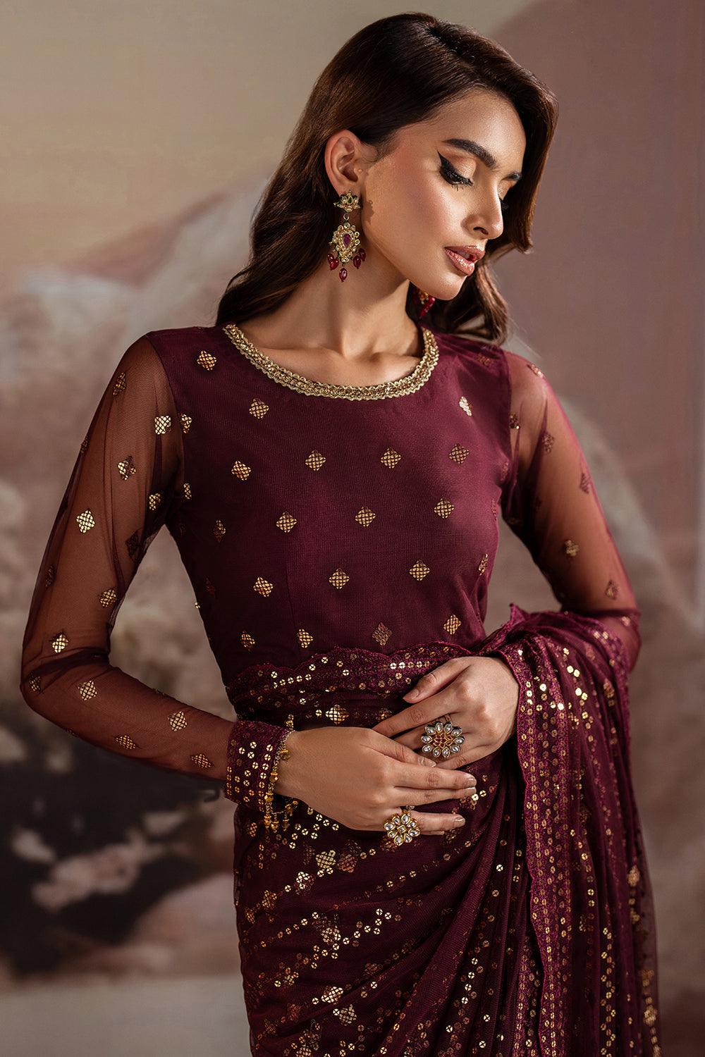 maroonish embroidery laceSequin Saree: Indian reception Party Wear, Matching Blouse