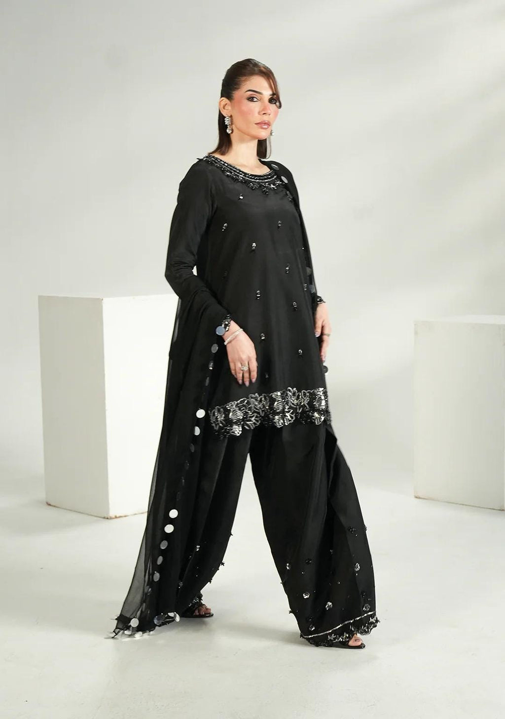 Embroidered Black Silk Farshi Shalwar Kameez: Indian Wedding Outfit with Chiffon Dupatta