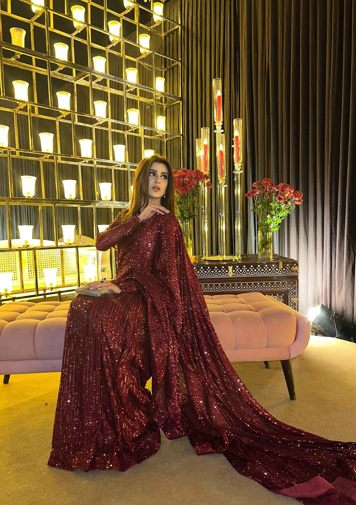 Maroon Sequin Saree with stitched Blouse: Indian saree, pakistani reception outfit