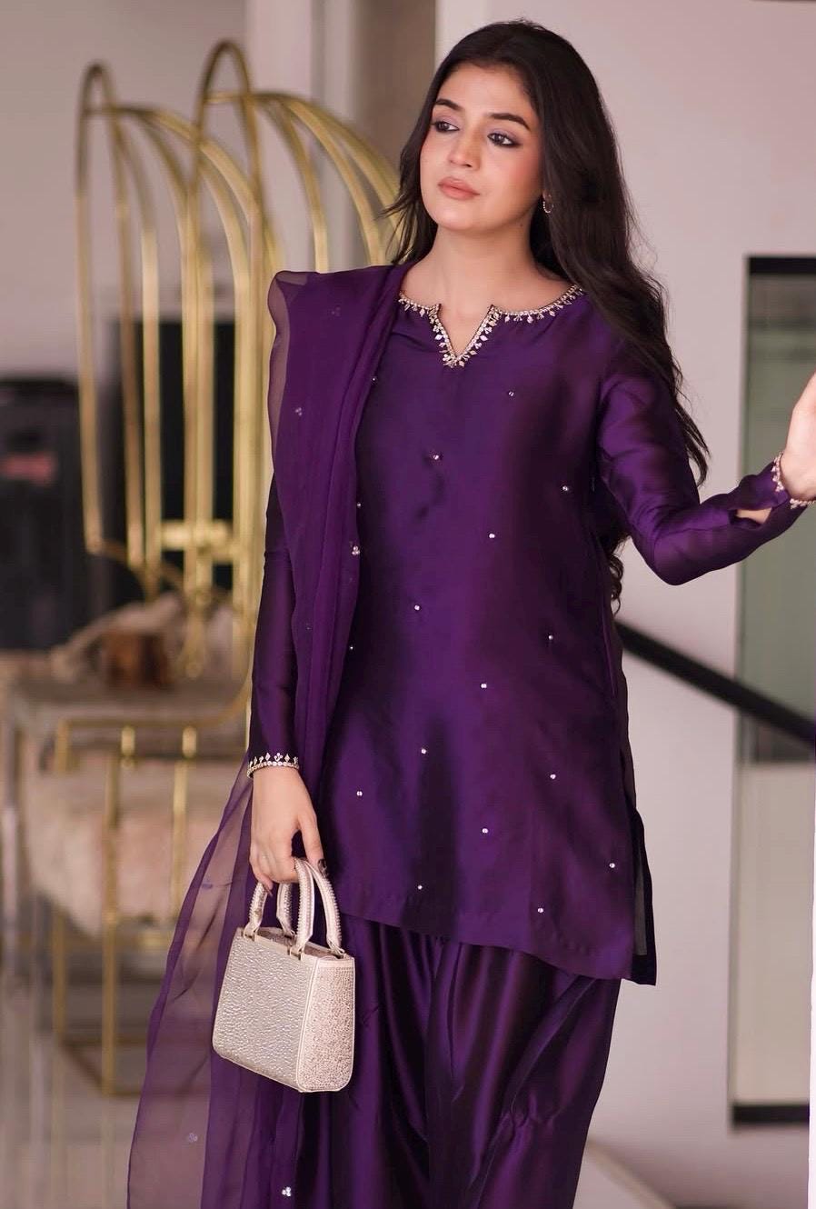 Purple Silk Farshi Shalwar Kameez: Sequins Indian Wedding Outfit