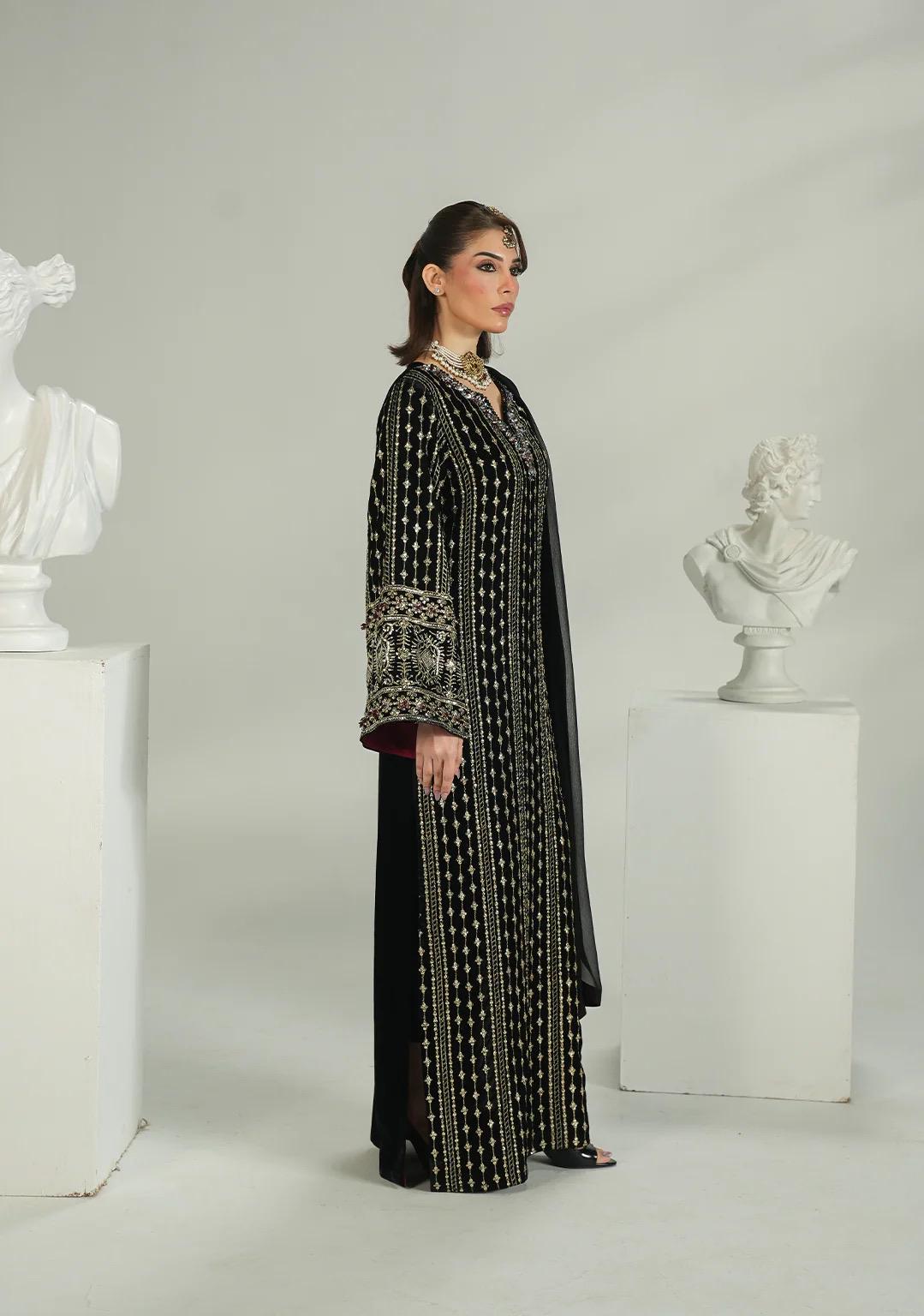 black velvet long dress with chiffon duppata: receptionwear black indian suit