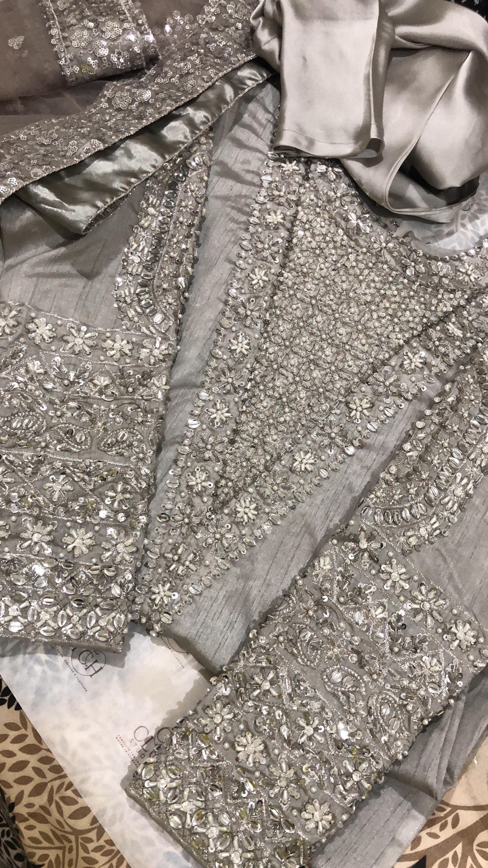 Grey Silk Salwar Kameez Suit, Embroidered Indian Wedding Dress