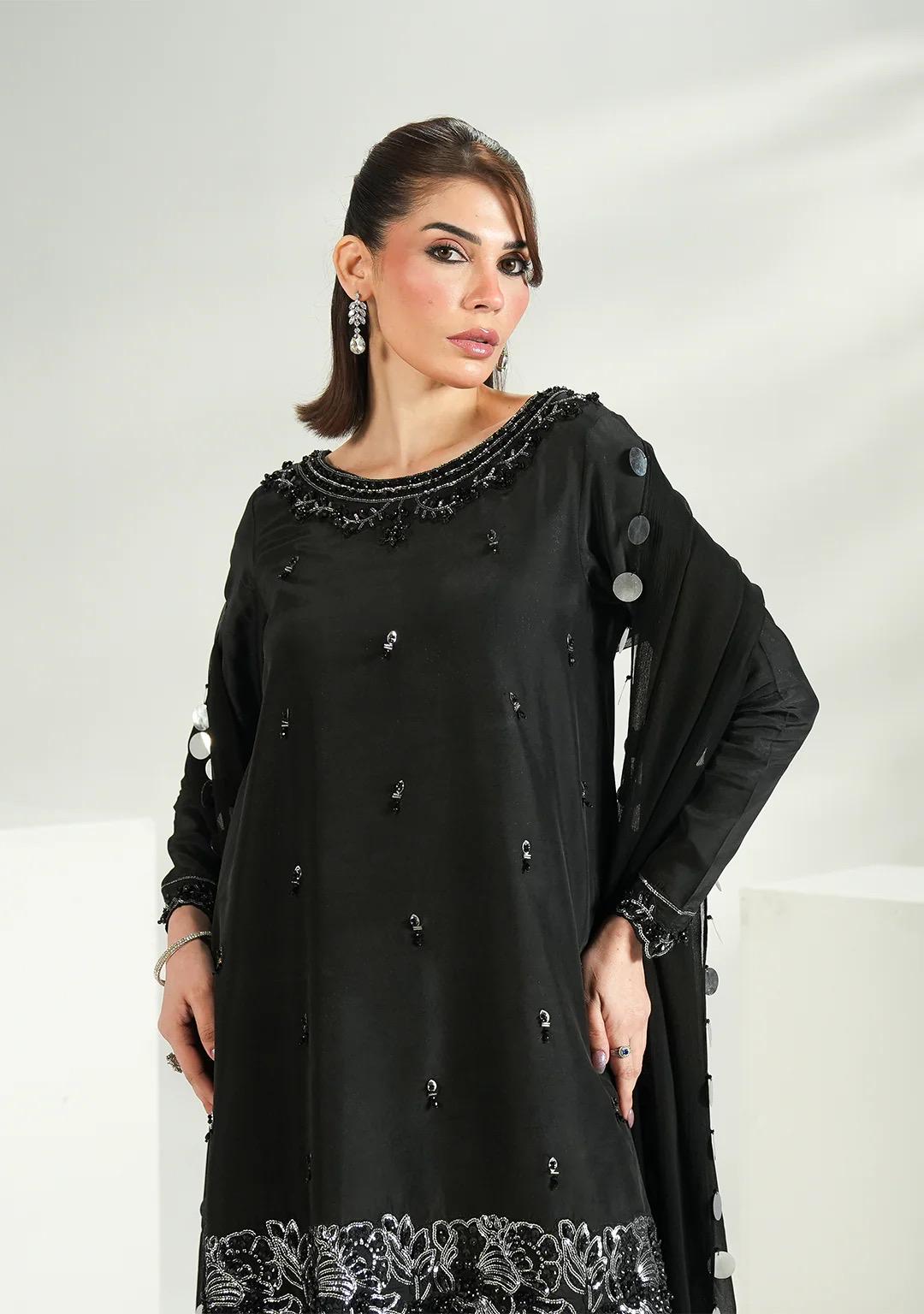 Embroidered Black Silk Farshi Shalwar Kameez: Indian Wedding Outfit with Chiffon Dupatta