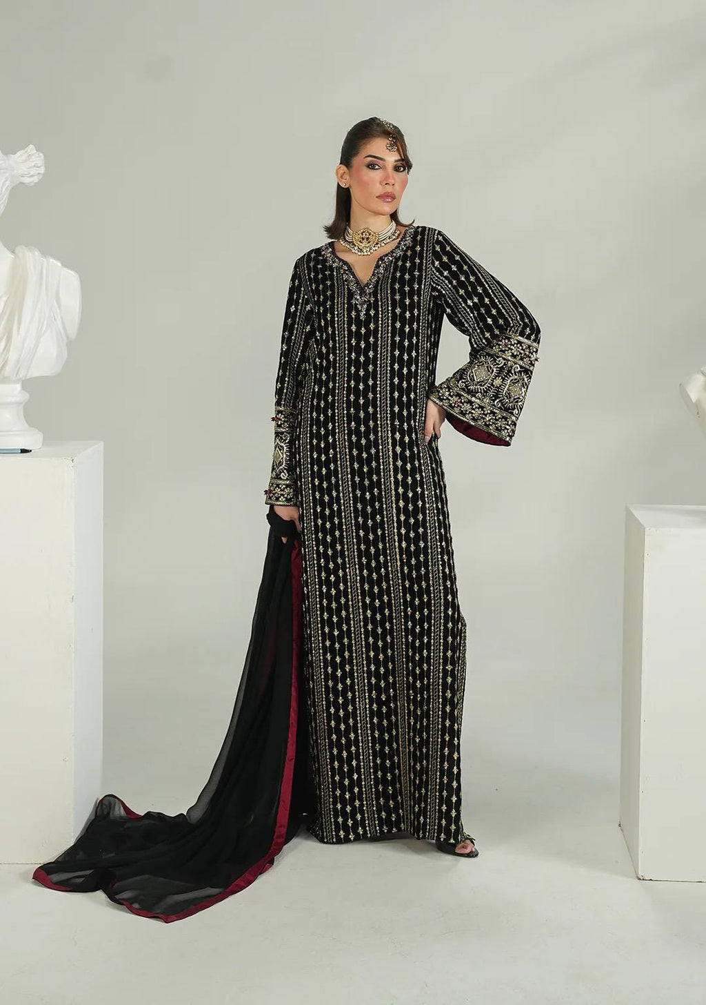 black velvet long dress with chiffon duppata: receptionwear black indian suit