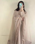butter Silk Shalwar Suit, beige long shirt , Organza Dupatta